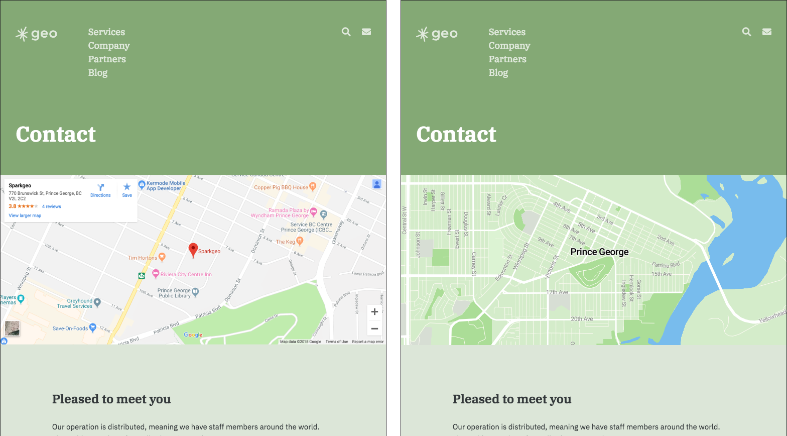Screenshots of the contact page before and after the updated map.