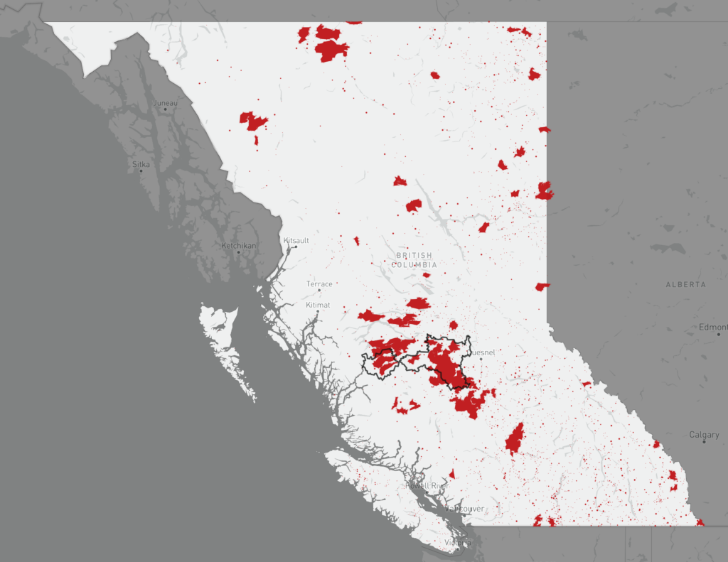 Map of British Columbia showing the extent of wildfire burns between 2010 and 2020.